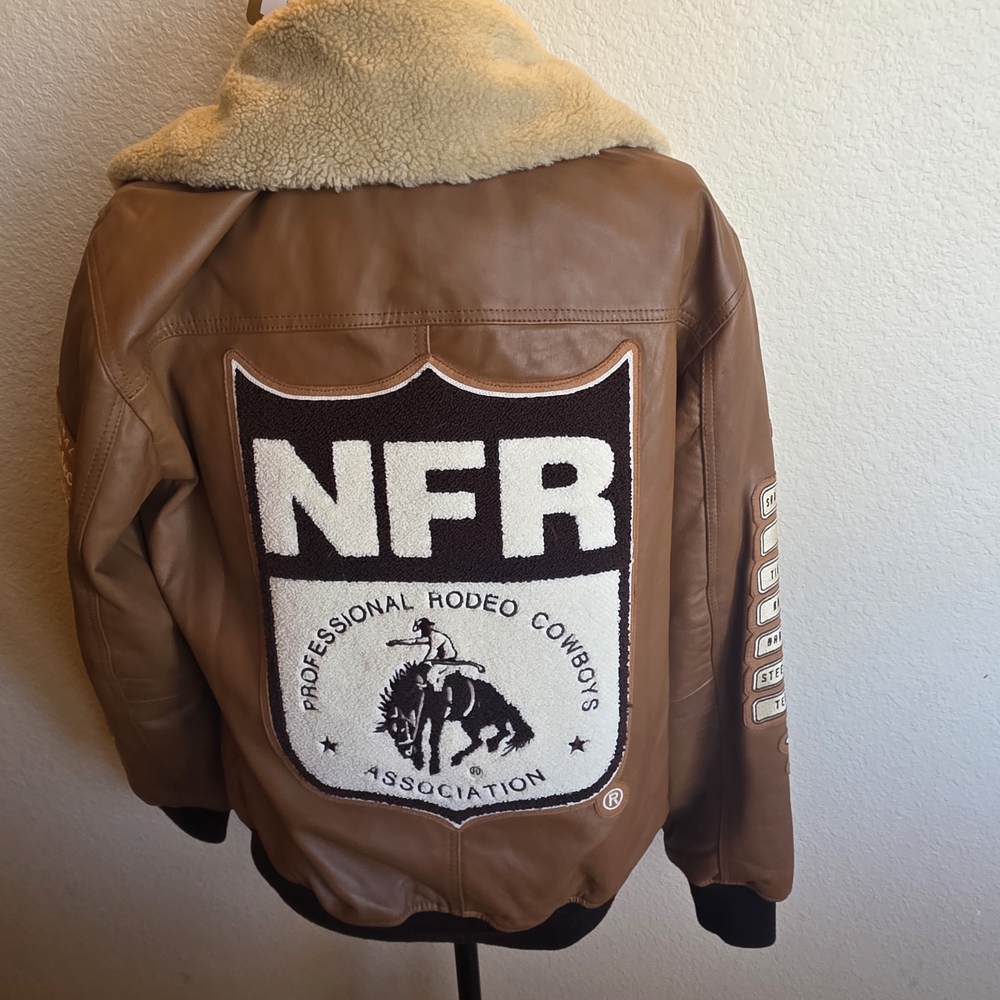 NWT Rodeo Quincy Flying Tiger Brown Leather Bomber Jacket with Shearling Collar